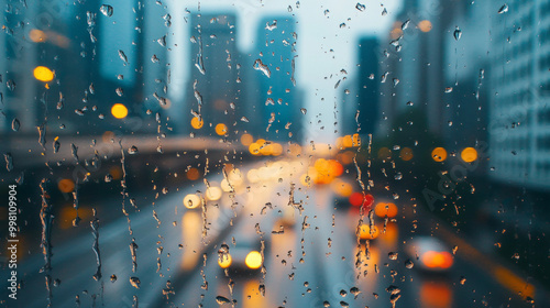 Raindrops slide down the window, blurring the view of tall buildings and the expressway in the distance, capturing the mood of a rainy day in the big city.

