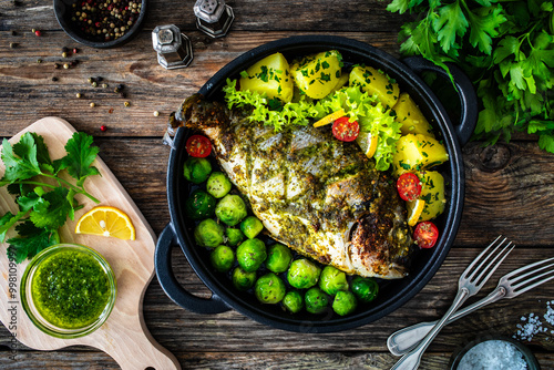 Roasted sea bream, boiled potatoes and brussels sprouts served in black dish on wooden table  photo