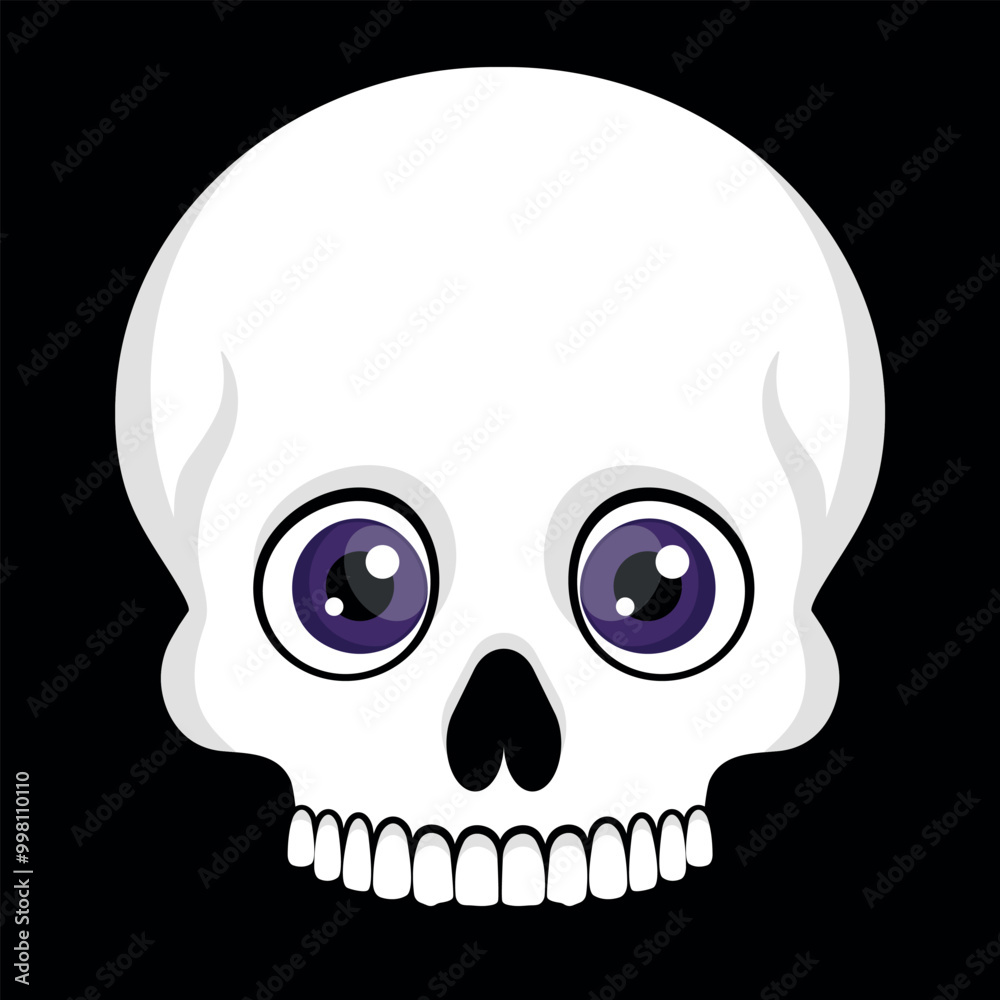 Human skull without a lower jaw and big cartoon eyes. Cute skull icon emblem logo. Vector illustration Human skull without a lower jaw and big cartoon eyes. Cute skull icon emblem logo. Vector illustration