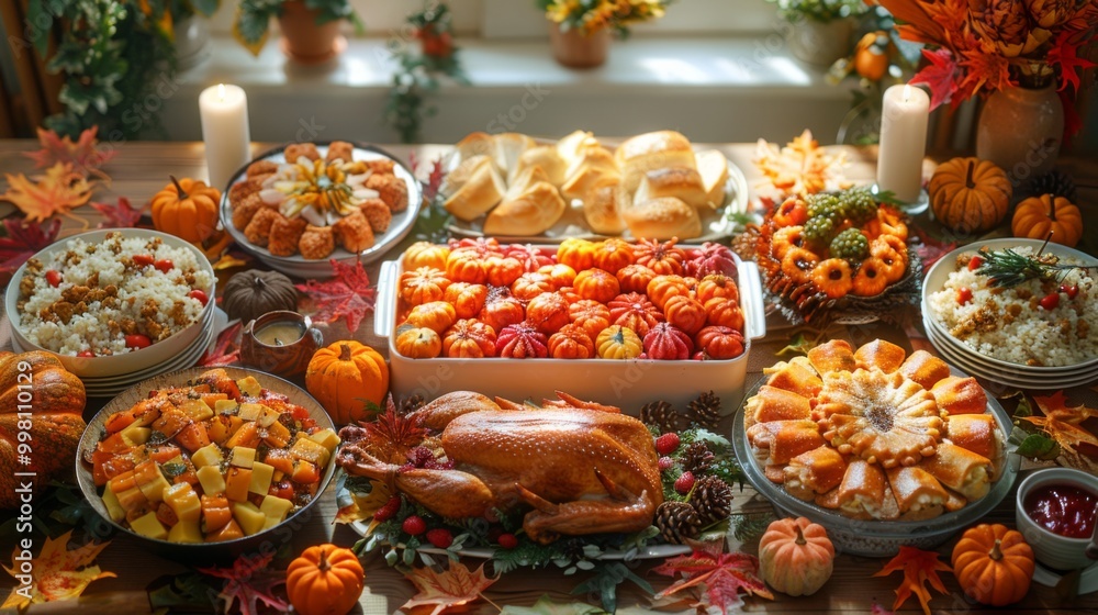 Autumn or fall season. The Sweet and Savory Combinations. scene of a family enjoying a traditional Thanksgiving dinner, their table adorned with a variety of autumnal dishes, both sweet and savory. Autumn or fall season. The Sweet and Savory Combinations. scene of a family enjoying a traditional Thanksgiving dinner, their table adorned with a variety of autumnal dishes, both sweet and savory.