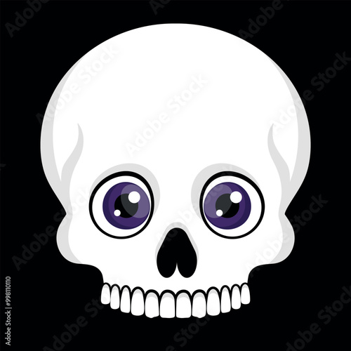 Human skull without a lower jaw and big cartoon eyes. Cute skull icon emblem logo. Vector illustration