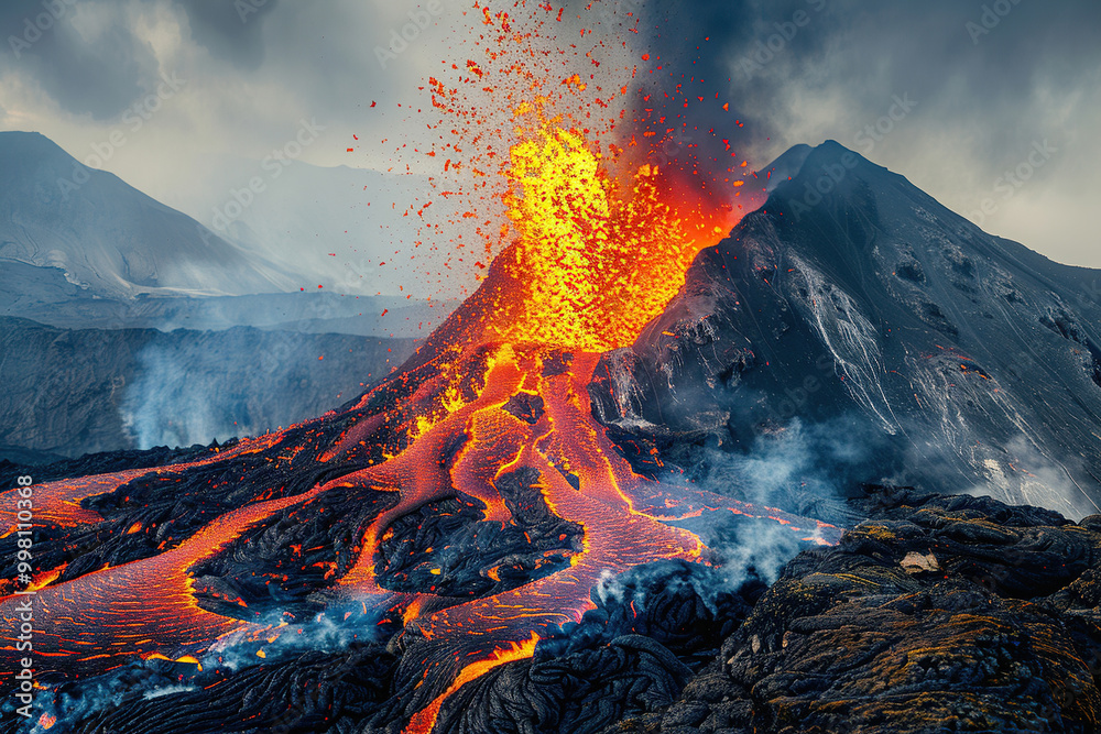 Generative ai on theme of erupting volcano with cascading hot lava surrounded thick white smoke Generative ai on theme of erupting volcano with cascading hot lava surrounded thick white smoke