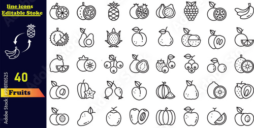 Fruits stroke icon set including apple, banana, strawberry, orange, watermelon, coconut, avocado, and lemon. Outline icon collection with editable strokes.