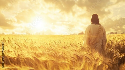  Jesus standing in a golden wheat field during autumn, serene and peaceful atmosphere