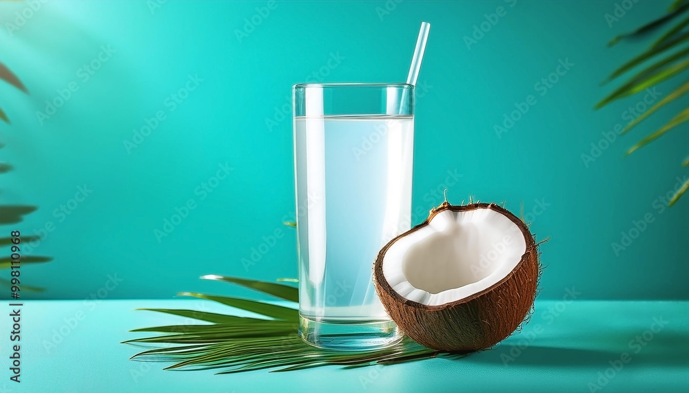 A glass of coconut water on a turquoise background A glass of coconut water on a turquoise background