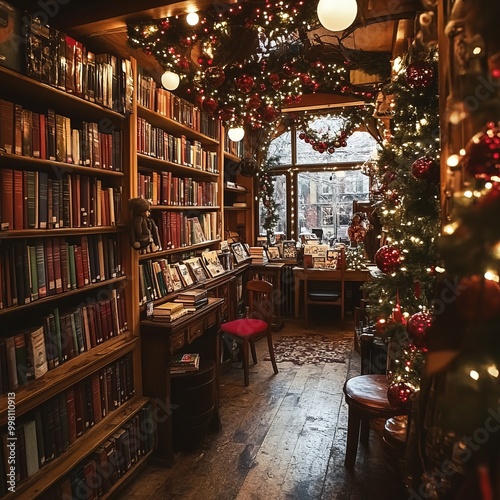 Cozy bookstore decorated for Christmas with a Christmas tree and garlands.