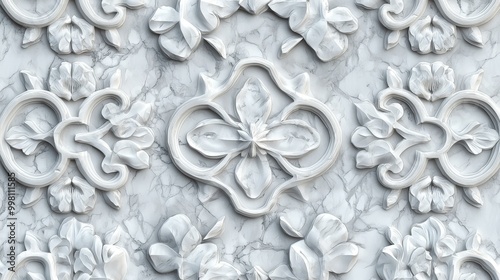 The design is intricately designed in silver filigree, with a background of white marble.