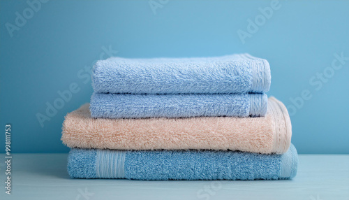 Stack of towels against pastel blue background. Home laundry. Housekeeping concept.
