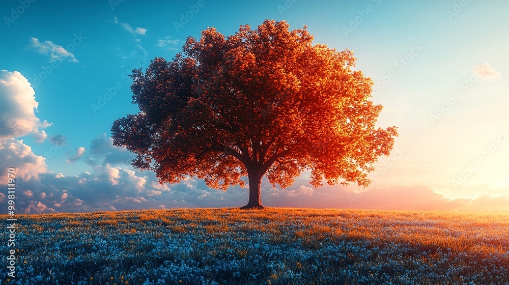 Fototapeta premium A solitary tree with orange leaves stands tall amidst a field of delicate blue wildflowers, illuminated by the warm glow of a setting sun.