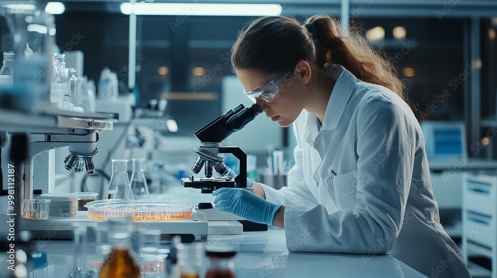 Focused female scientist or researcher examining a sample through a microscope in a well equipped modern laboratory setting engaged in scientific research discovery and Focused female scientist or researcher examining a sample through a microscope in a well equipped modern laboratory setting engaged in scientific research discovery and