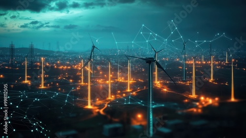 Visualization of AI algorithms predicting energy production from renewable sources, Evening blankets wind generators amidst a digital storm, where each light signifies node in the smart grid's expans