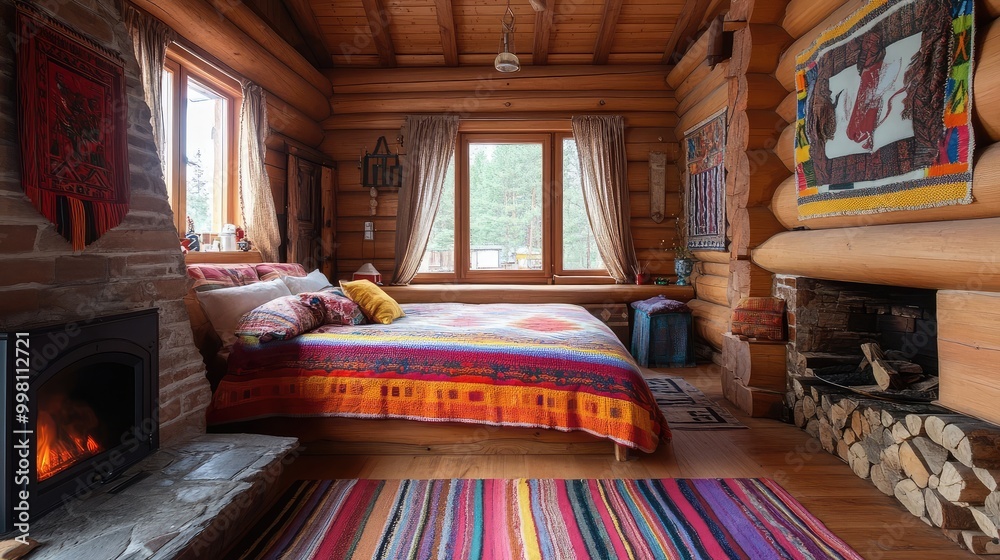 A traditional Russian dacha-style bedroom, with wooden furniture, colorful textiles, and a fireplace, creating a warm and rustic retreat A traditional Russian dacha-style bedroom, with wooden furniture, colorful textiles, and a fireplace, creating a warm and rustic retreat