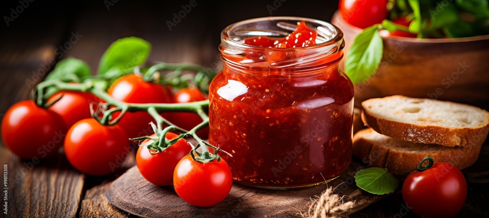 Fresh tomatoes and homemade sauce on a rustic wooden table with sliced bread Fresh tomatoes and homemade sauce on a rustic wooden table with sliced bread