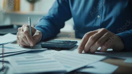 Close up view of an accountant's hands working on financial papers with a calculator, pen, and computer on a desk, symbolizing financial analysis and tax preparation