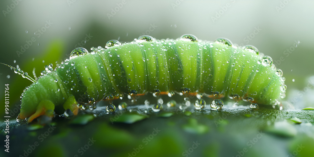 Naklejka premium Dew-Covered Caterpillar on a Leaf