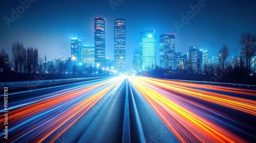 Illuminated Cityscape at Night with Car Light Streaks - Urban Metropolis Skyline Photography