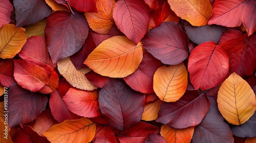 A vibrant tapestry of autumn leaves, each showcasing a unique blend of crimson, amber, and burnt orange hues, as they gracefully settle into a harmonious display of nature's artistry. photo