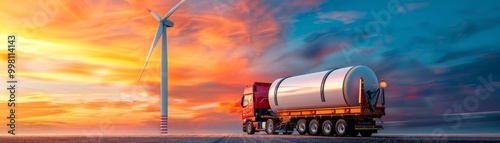 Tanker Truck and Wind Turbine at Sunset photo