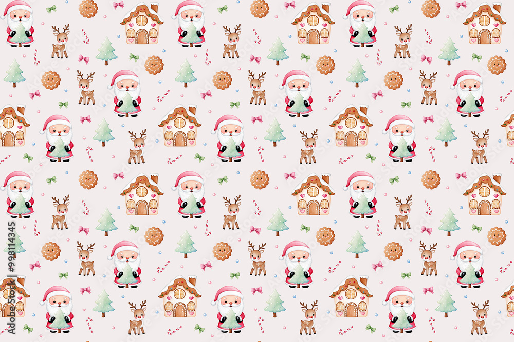 Cute Christmas Seamless Pattern with Santa Claus, Reindeer, and Gingerbread Houses