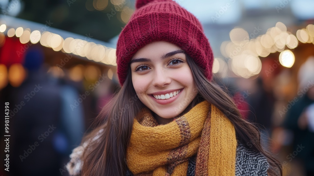 Smiling Young Woman in Warm Clothes on Christmas Market with Festive Lights Smiling Young Woman in Warm Clothes on Christmas Market with Festive Lights