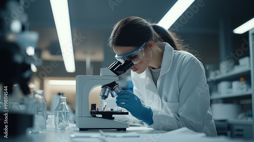 Focused female scientist in white lab coat examining samples under microscope in modern well equipped laboratory setting Concept of medical research scientific discovery and academic study