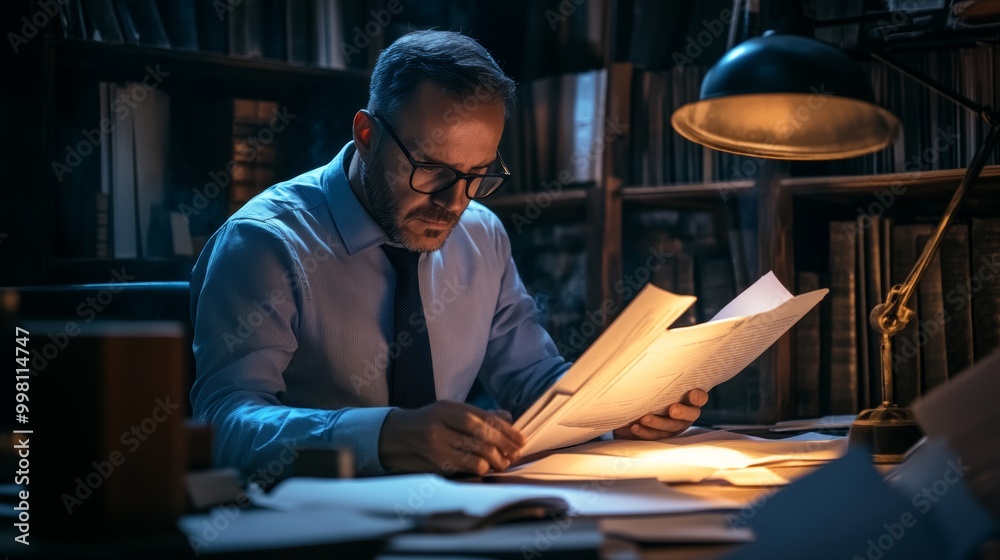 Focused senior man in glasses scrutinizing documents under desk lamp, surrounded by bookshelves in dimly lit office, embodying detective work Focused senior man in glasses scrutinizing documents under desk lamp, surrounded by bookshelves in dimly lit office, embodying detective work