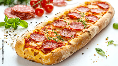 pizza with salami and tomatoes, Pizza baguette with salami and white background.