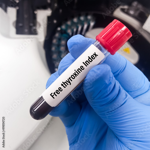 Blood sample for free thyroxine index (FT4I).Thyroid function tests or thyroid panel test (T3,T4,TSH,FT3,FT4) to diagnosis of hyperthyroidism or hypothyroidism. T4 and T3 uptake level. photo