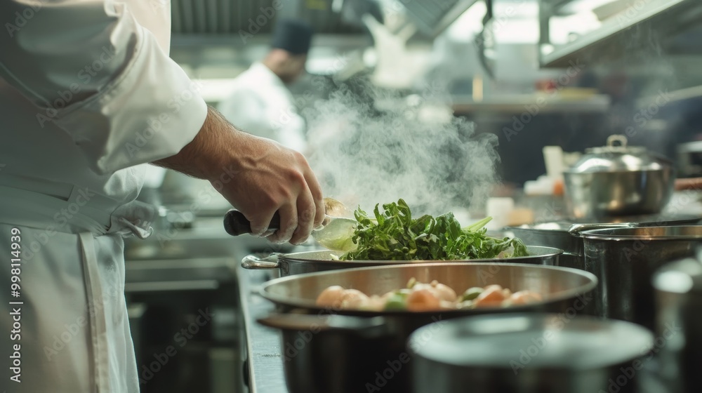 Professional chef in white uniform adds fresh herbs to a steaming dish in a bustling restaurant kitchen, showcasing culinary expertise and attention to detail Professional chef in white uniform adds fresh herbs to a steaming dish in a bustling restaurant kitchen, showcasing culinary expertise and attention to detail