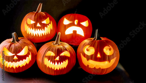 Halloween background, pumpkins for halloween with scary faces glowing on black night, scary pumpkins