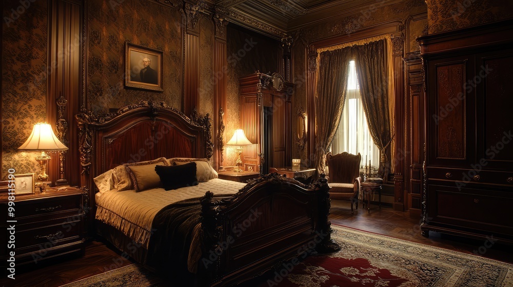A Victorian-era bedroom, with ornate wooden furniture, rich fabrics, and dark, moody colors, exuding classic elegance and opulence