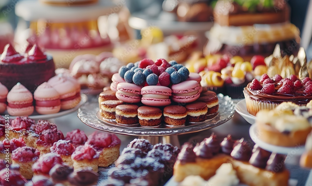 A buffet table adorned with luxurious cakes and desserts, Generative AI A buffet table adorned with luxurious cakes and desserts, Generative AI