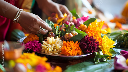 hands holding flowers, Madala with flowers and fruits, ceremony of earth.