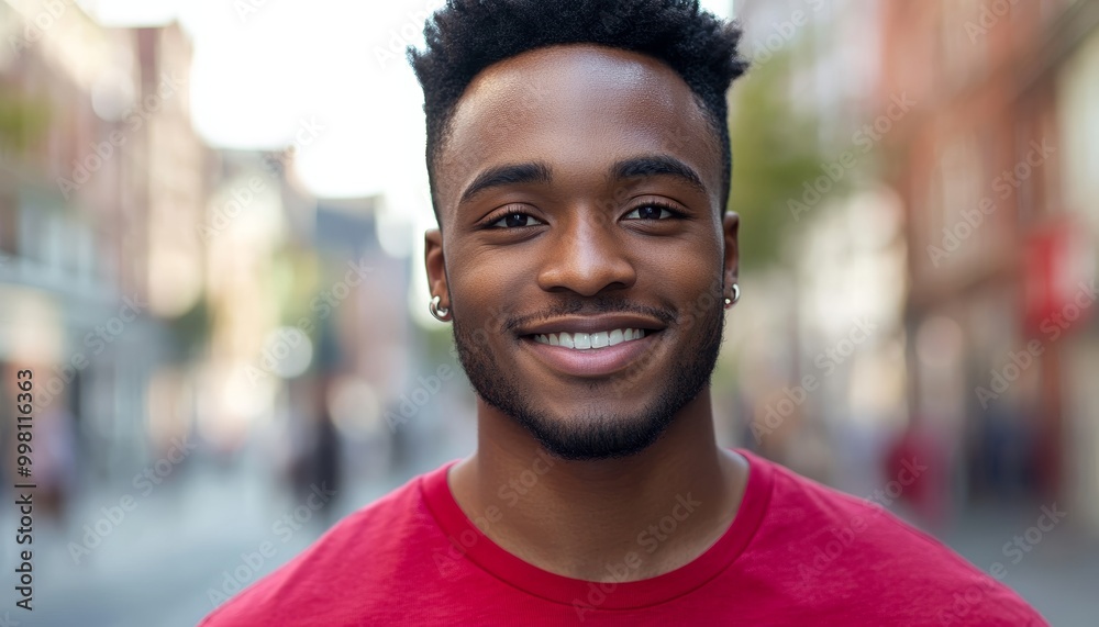 Portrait of Happy Young African Man Smiling in Red Shirt on Urban Street Portrait of Happy Young African Man Smiling in Red Shirt on Urban Street