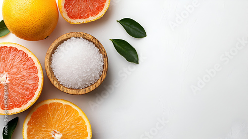 fruits on a wooden background, Natural citrus cosmetics. Spa salt near grapefruit on white background top view copy space .