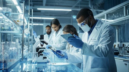 Group of Researchers Performing Scientific Experiment Using Laboratory Equipment and Microscope in Advanced Research Facility