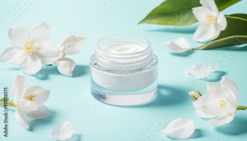 Moisturizing cream jar surrounded by fresh white flowers on a soft blue background.