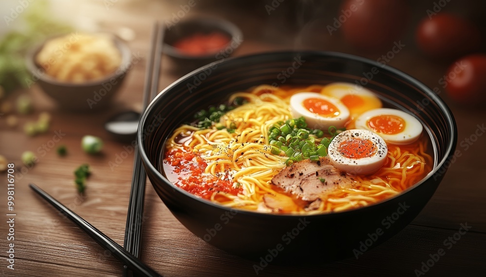 Ramen Bowl Photorealistic with Broth, Egg, Vegetables in Authentic Setting Ramen Bowl Photorealistic with Broth, Egg, Vegetables in Authentic Setting