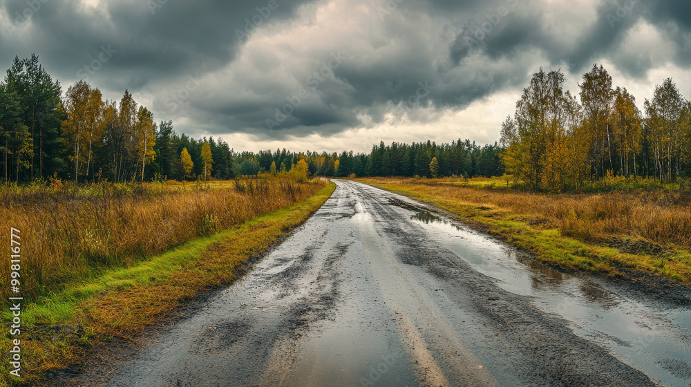 A panoramic view of a wet asphalt road in the countryside on a rainy summer day. Autumn rain fills puddles along the road, framed by a forest under a dramatic, cloudy sky.
A panoramic view of a wet asphalt road in the countryside on a rainy summer day. Autumn rain fills puddles along the road, framed by a forest under a dramatic, cloudy sky.