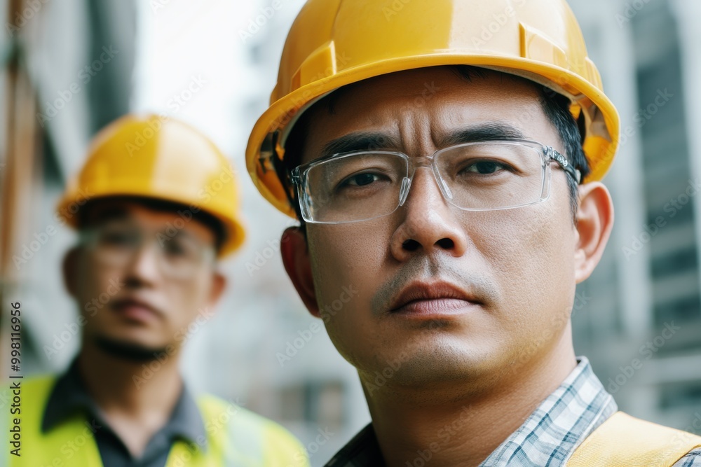 focused asian construction engineer and contractor inspecting materials on a building site, wearing hard hats and safety glasses for workplace safety focused asian construction engineer and contractor inspecting materials on a building site, wearing hard hats and safety glasses for workplace safety