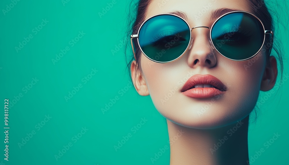 Person Wearing Stylish Sunglasses Looking Down with Soft Green Background Person Wearing Stylish Sunglasses Looking Down with Soft Green Background