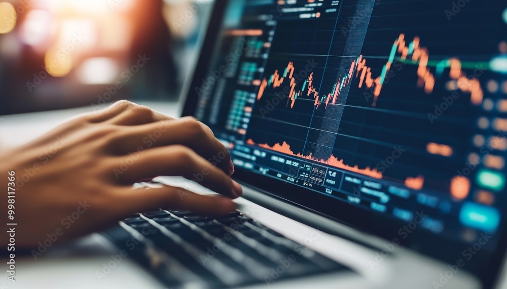 Laptop with Stock Market Chart Displaying Data Business Analysis Laptop with Stock Market Chart Displaying Data Business Analysis