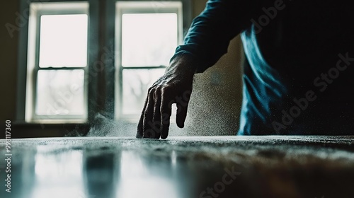 A hand brushes dust off a wooden surface, highlighting attention to detail in a workspace. photo