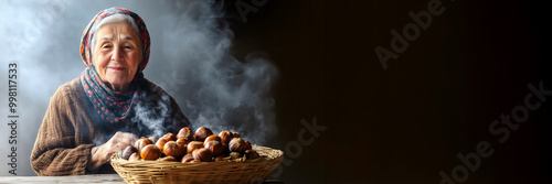 Old lady sitting at a wooden table with a basket full of roasted chestnuts, surrounded by smoke. Theme of Spanish holiday 