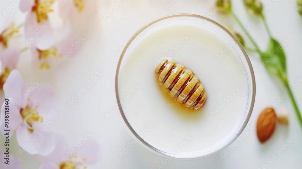 A glass of yogurt topped with honey, surrounded by flowers and almonds. A glass of yogurt topped with honey, surrounded by flowers and almonds.