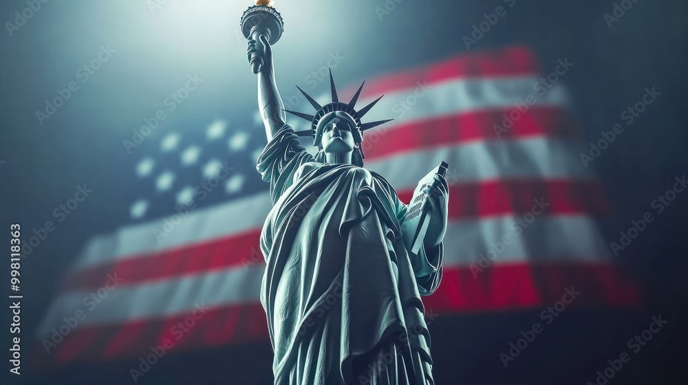 Fototapeta premium copy space, stockphoto, Statue of Liberty, american flag in the background, 4th july independence day. American symbol of freedom. 4th of july mockup.