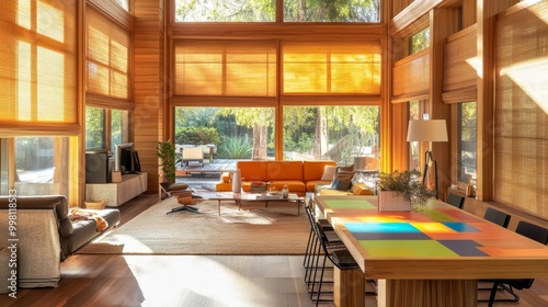 Bright room with wooden walls, automatic roller shades, and a colorful table, creating a blend of natural warmth and modern design.