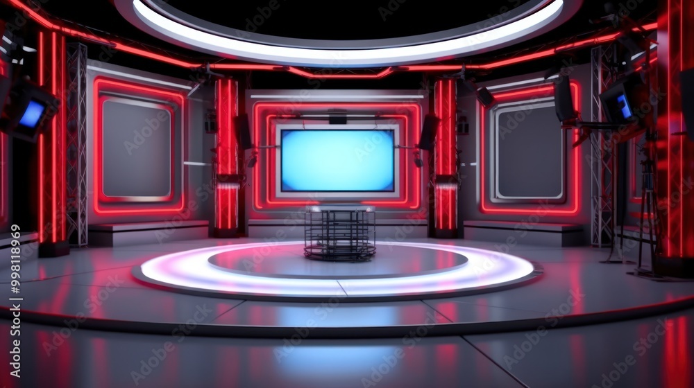 Modern Television Studio with Red and Blue Neon Lighting Modern Television Studio with Red and Blue Neon Lighting
