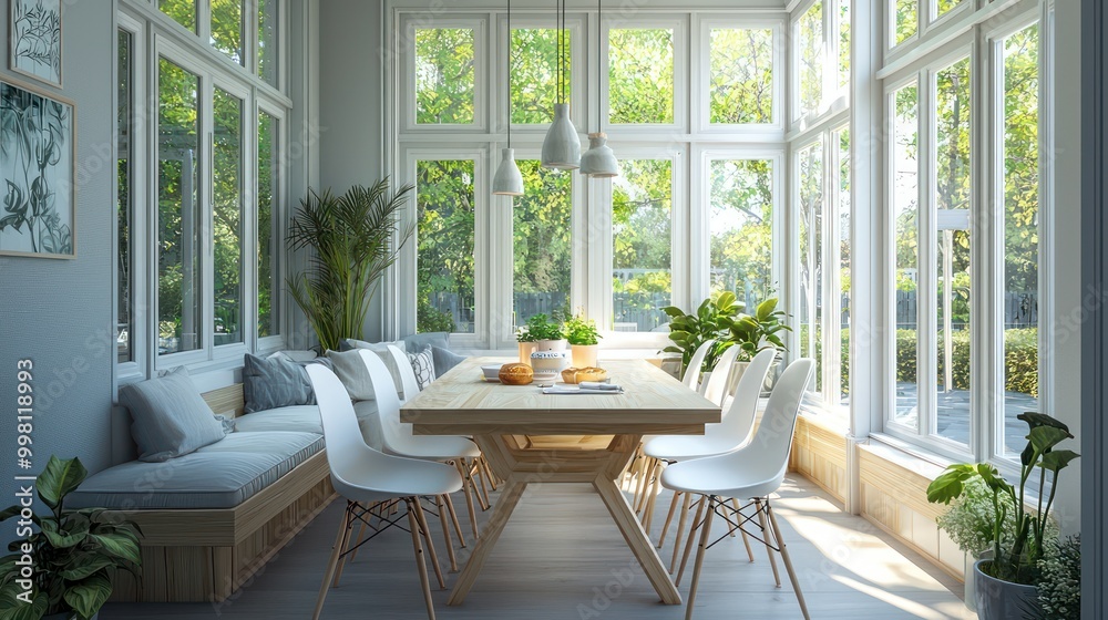 A Scandinavian style breakfast nook with a light wood table, white chairs, and plenty of natural light from surrounding windows A Scandinavian style breakfast nook with a light wood table, white chairs, and plenty of natural light from surrounding windows