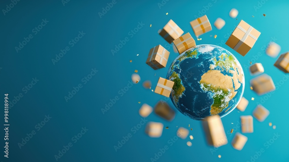 A vibrant depiction of the Earth surrounded by floating delivery boxes, symbolizing global shipping and logistics in a modern, connected world. A vibrant depiction of the Earth surrounded by floating delivery boxes, symbolizing global shipping and logistics in a modern, connected world.
